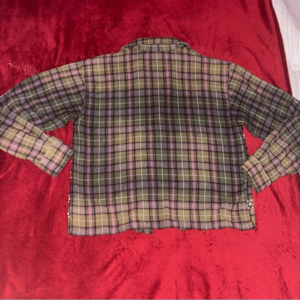 VALE Embellished Plaid Button-Up Shirt in Olive and Purple - Picture 8 of 8